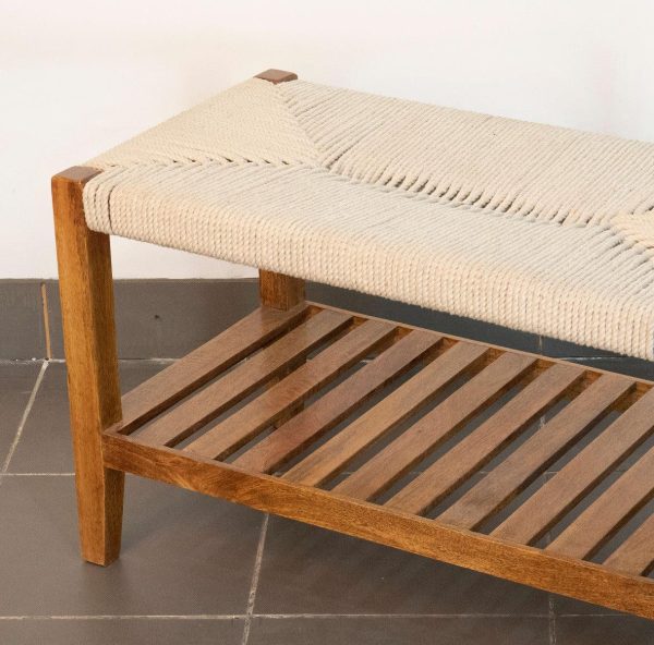 Twine Wooden Bench with Rack (White) Sale