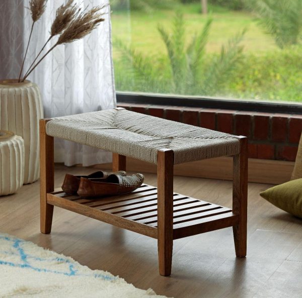 Twine Wooden Bench with Rack (White) Sale