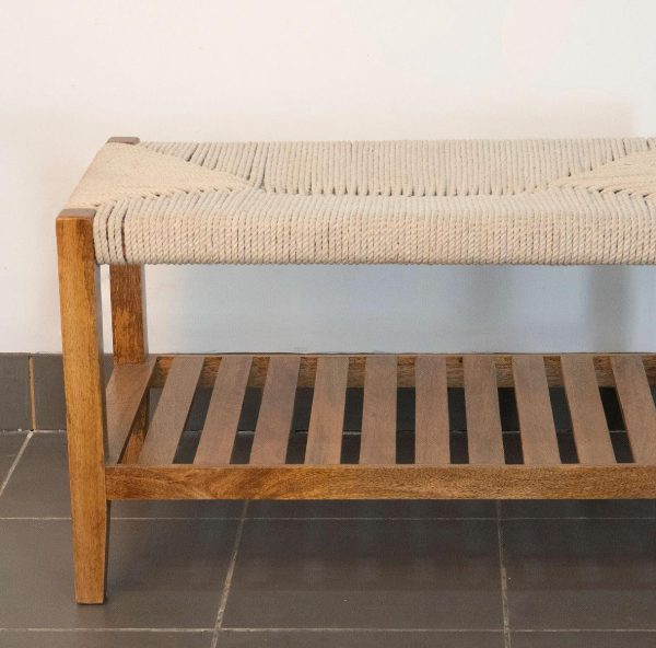 Twine Wooden Bench with Rack (White) Sale