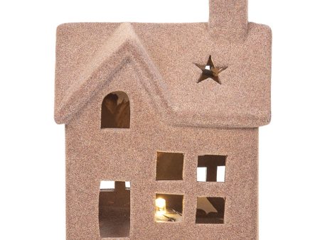 LED Small Flocked Beige House Figurine For Discount