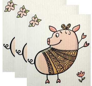 Swedish Dishcloth Set of 3 - Dancing Pig For Sale