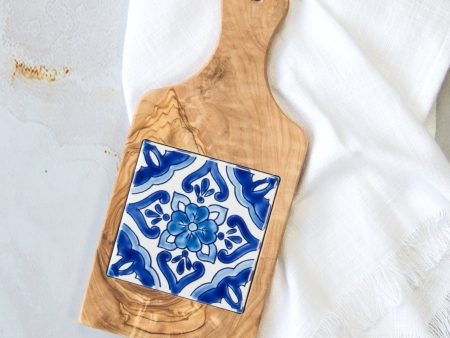 Hand Crafted Olive Wood Board with Ceramic Tile - Amalfi Blue For Sale