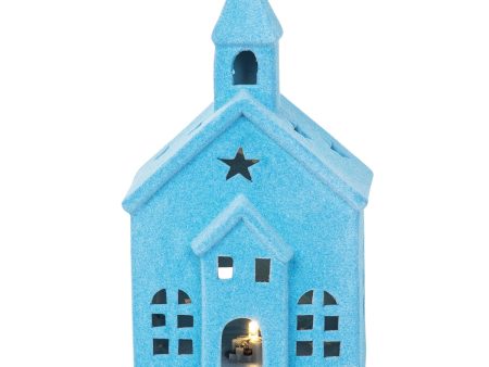 LED Flocked Blue Church Figurine Cheap