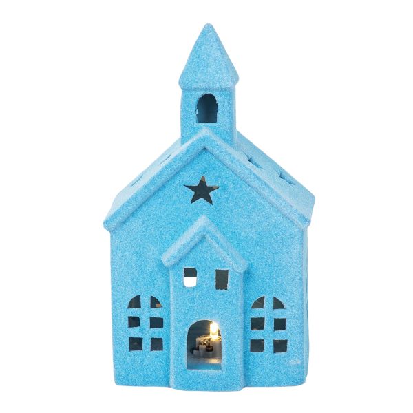 LED Flocked Blue Church Figurine Cheap