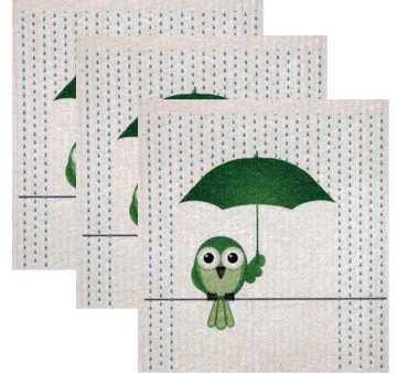 Swedish Dishcloth Set of 3 - Green Bird in Rain Sale