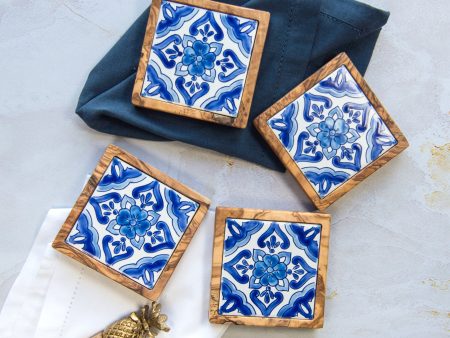 Hand Crafted Olive Wood and Ceramic Coaster Set of 4 - Amalfi Blue Hot on Sale