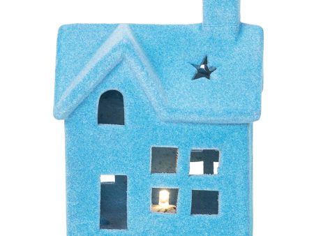 LED Small Flocked Blue House Figurine on Sale