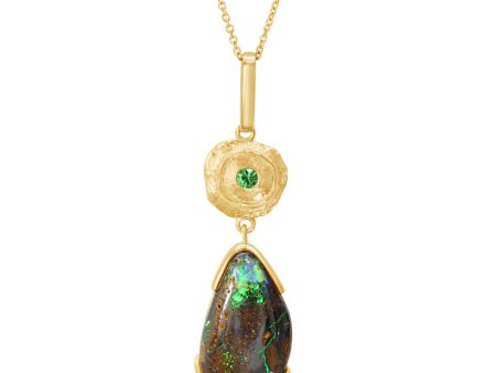 14K Yellow Gold Half Bezel Australian Boulder Opal Tsavorite Pendant Online Sale