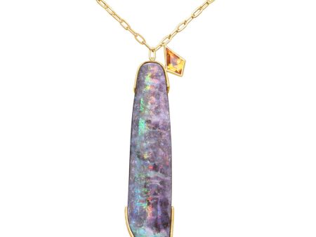 14K Yellow Gold Australian Boulder Opal Mandarin Garnet Neckpiece For Sale