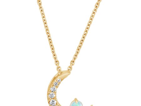 14K Yellow Gold Australian Opal Diamond Moon Pendant Sale