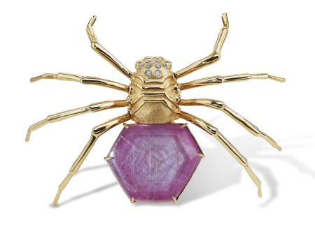 14K Yellow Gold Ruby Slice Black Widow Spider Brooch Supply